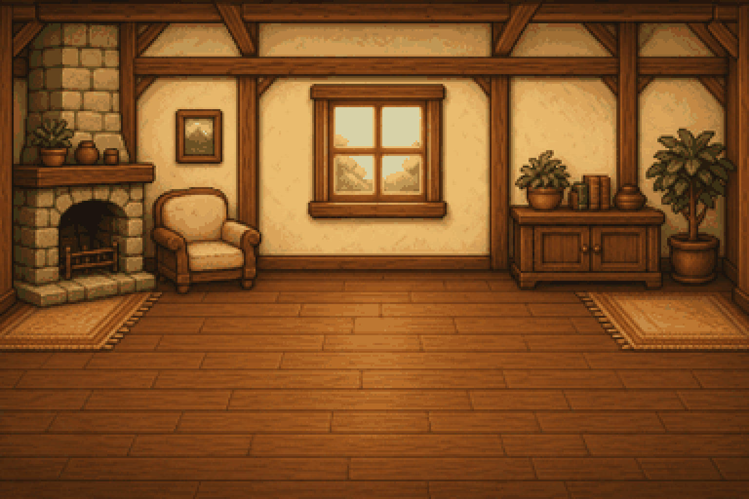 Chonky resting in the living room with the duckling, beside a fireplace, a rug and shelves