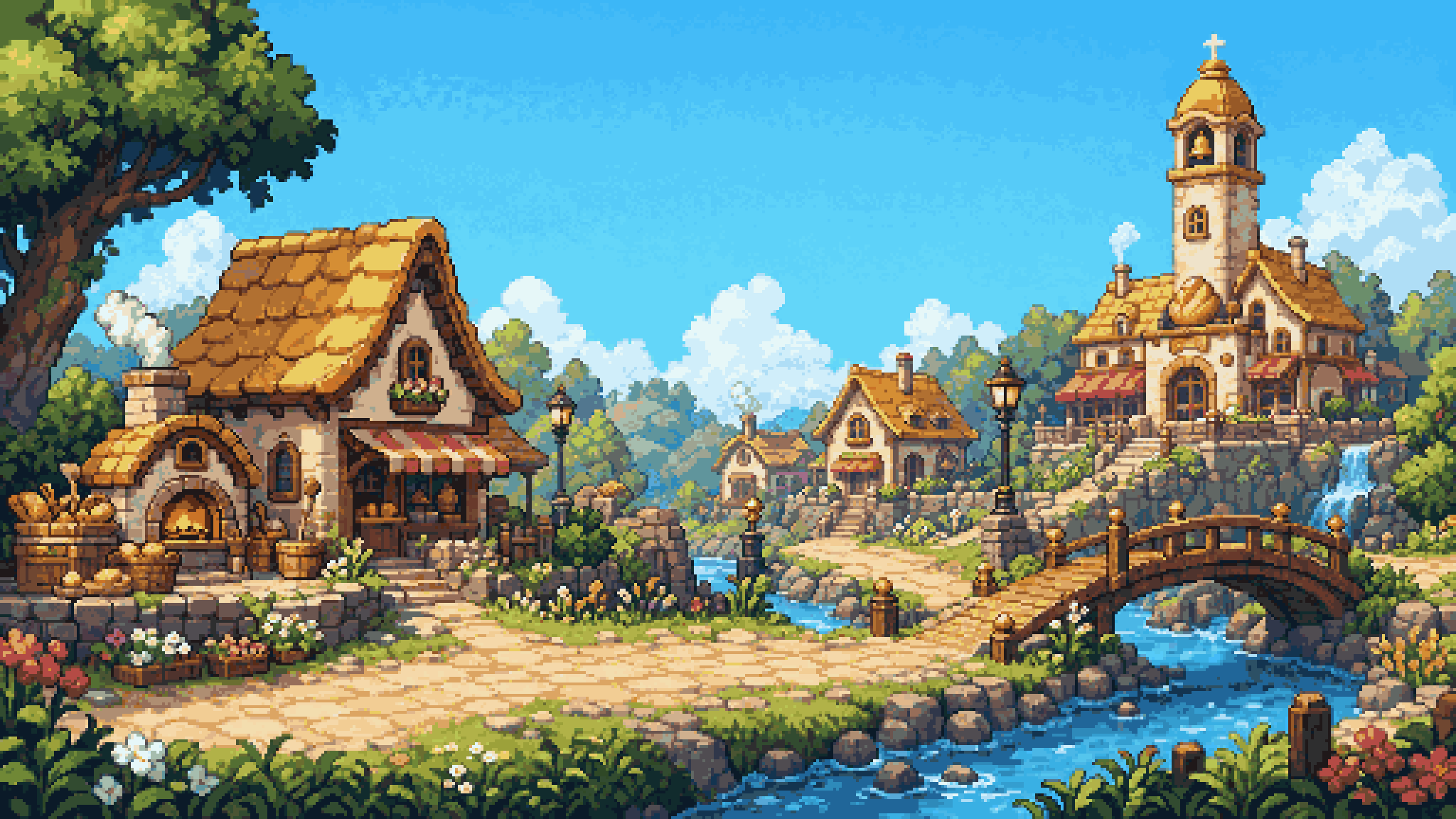 Pixel art village from Chonky Corgo with a thatched bakery, a dirt road, a river under a wooden bridge and a bell tower on the hill
