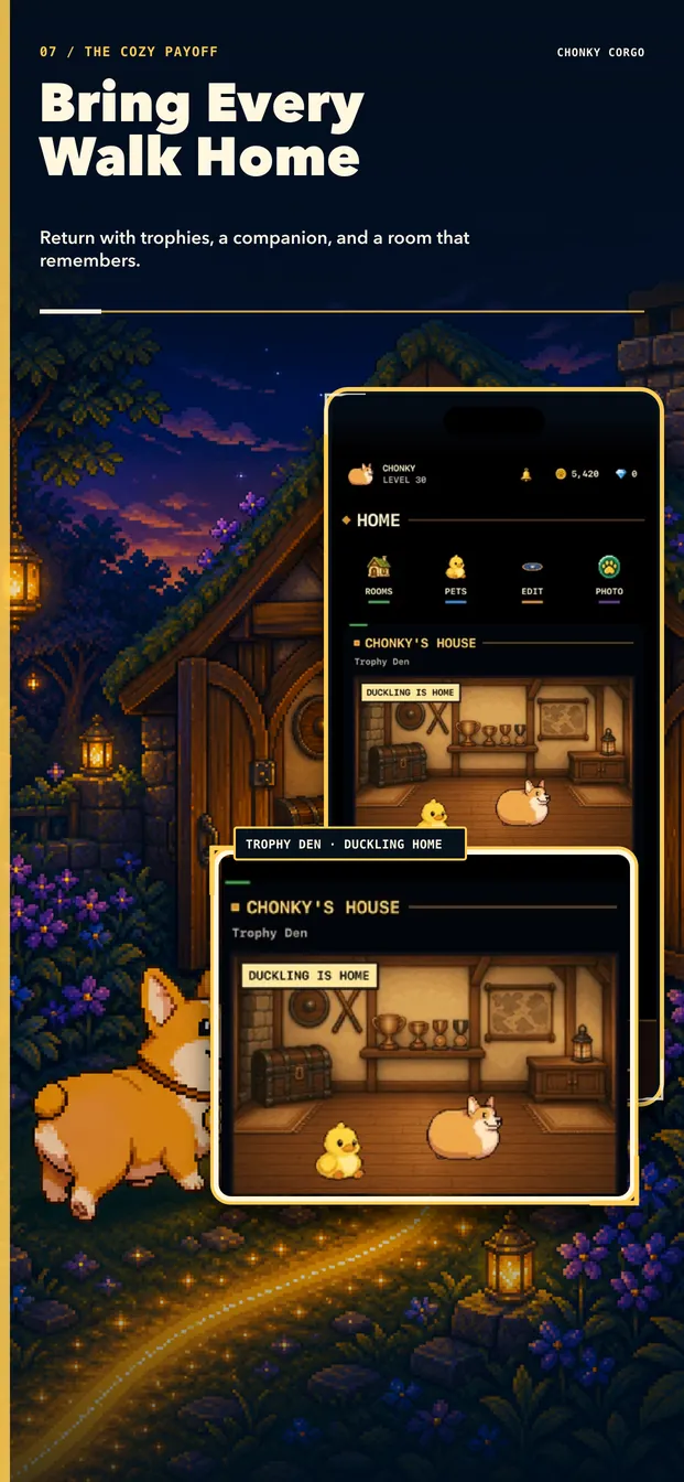 Bring Every Walk Home: Chonky's house with trophies and a pet