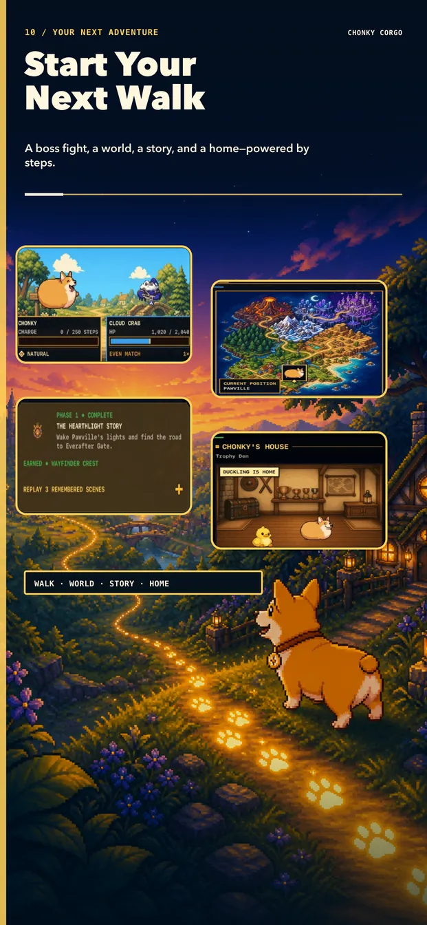 Start Your Next Walk: a boss fight, a world, a story and a home, powered by steps