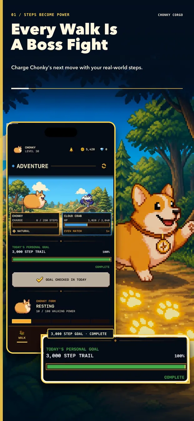 Every Walk Is A Boss Fight: Chonky on the adventure screen, charging the next move with real-world steps