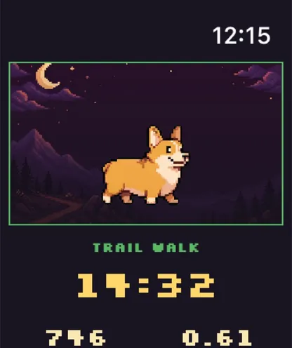 Apple Watch Trail Walk screen: Chonky walking under the moon, with the walk timer at 14:32