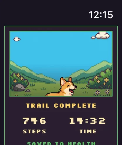 Apple Watch Trail Complete screen: 746 steps in 14 minutes 32 seconds